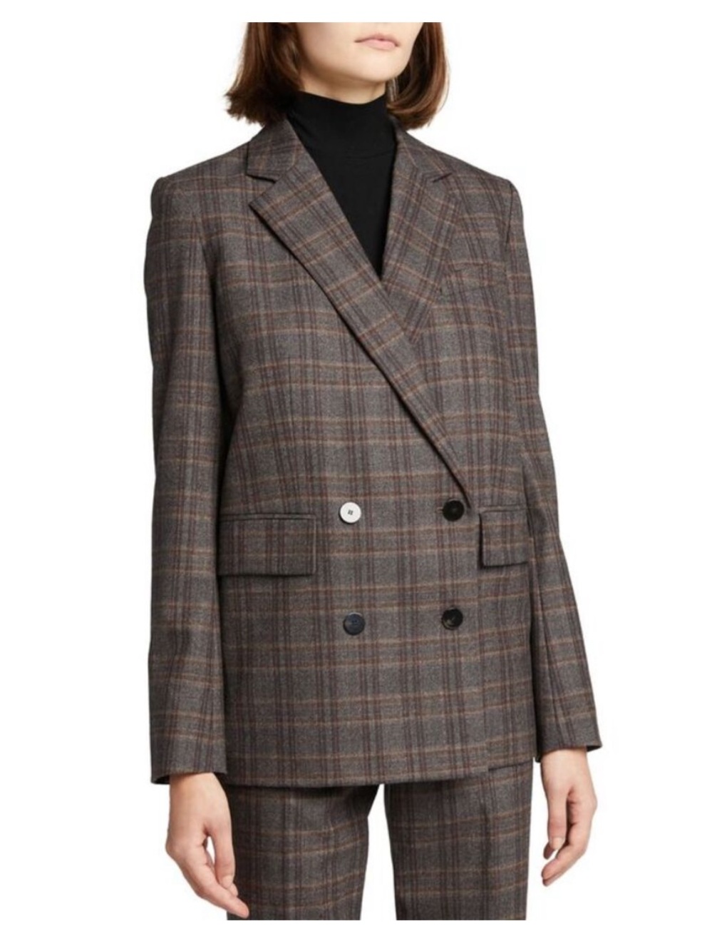 Theory Piazza Double-Breasted Virgin Wool Blazer Brown Multi Griffin Plaid Sz 12